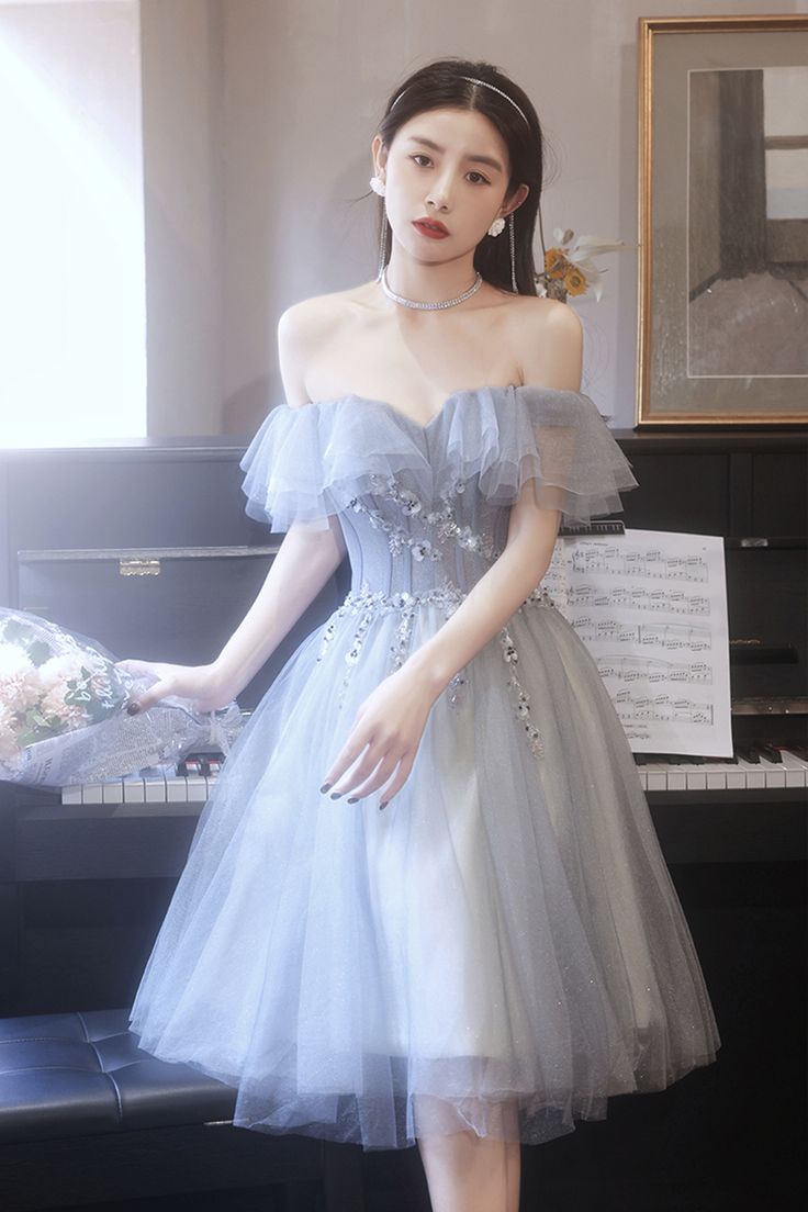 Gray tulle beads short prom dress party dress fg3825