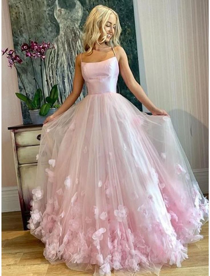 A-Line Prom Dresses Floral Dress Performance Sweet 16 Floor Length Sleeveless Spaghetti Strap Tulle with Pleats Appliques fg4062
