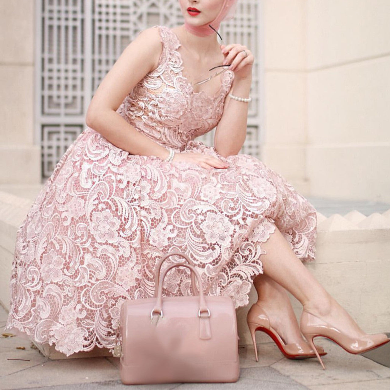 A-Line Pink Lace Tea Length Sleeveless Homecoming Dress fg3563