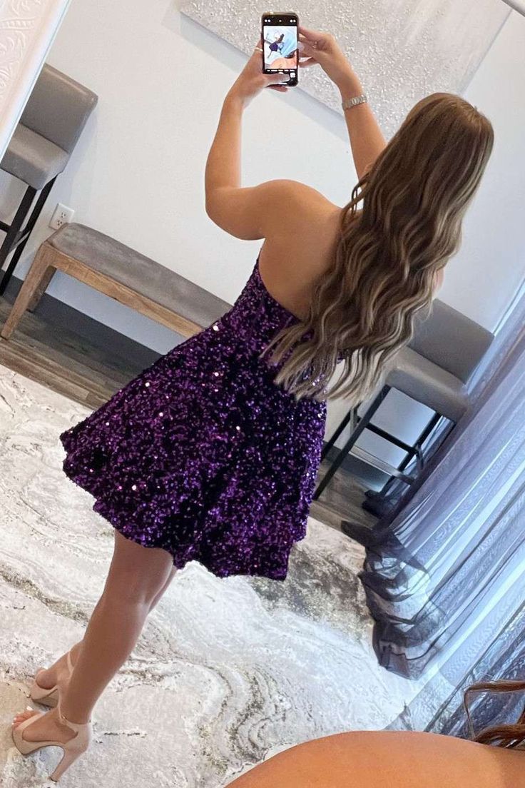 Purple Sequin Sweetheart A-Line Short Homecoming Dress with Pockets fg3614
