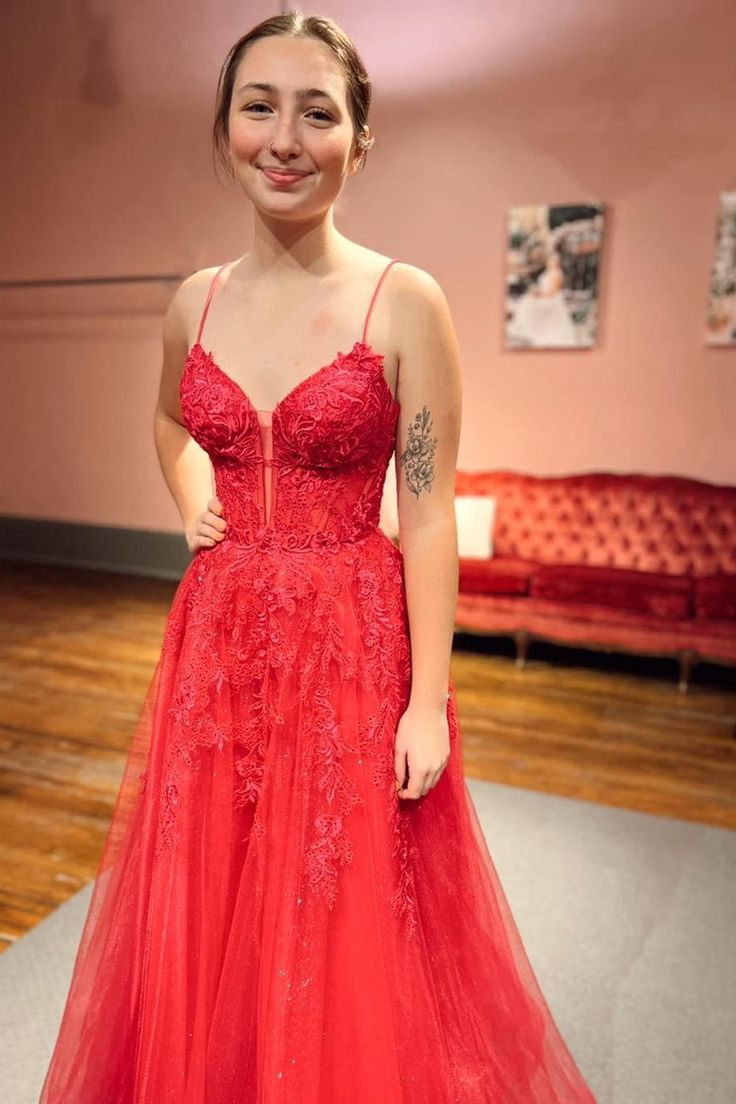 Red A-Line Corset Lace Long Prom Dress fg3840