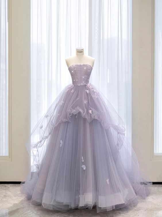 Elegant Purple Tulle Prom Dress, Ball Gown Strapless Formal Party Dress fg3962