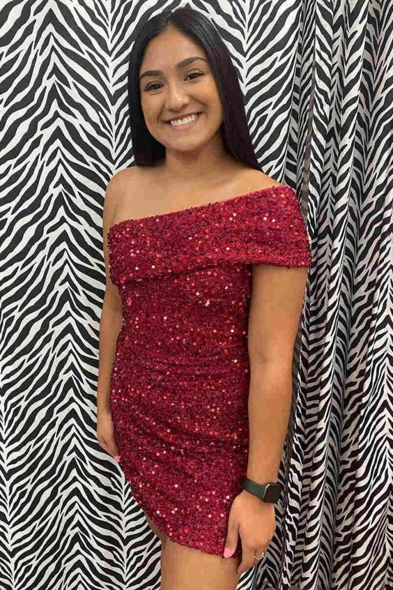 Burgundy Sequins One Shoulder Homecoming Dress fg3593
