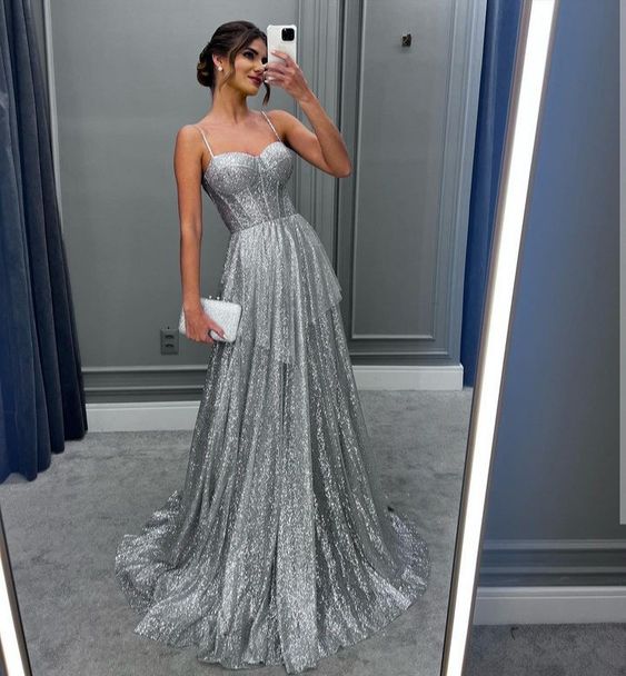 Sexy Spaghetti Strap Shiny A-line Prom Dress 2023 Silvery Glitter Sweetheart Party Dresses fg4184