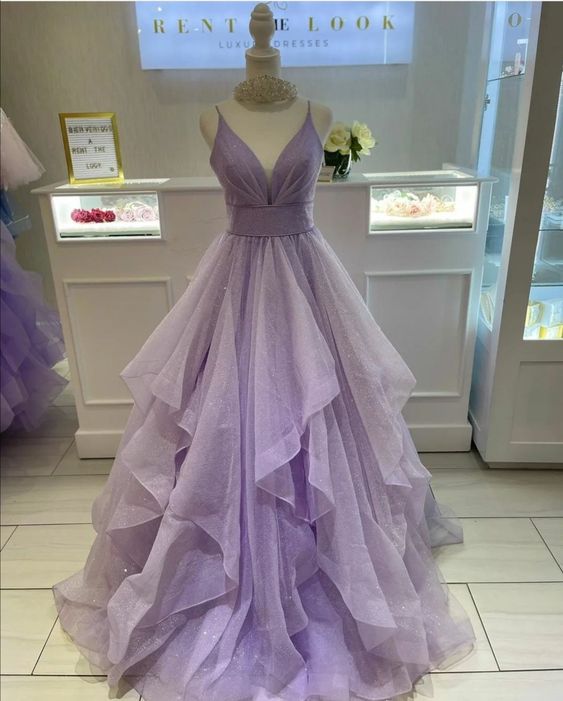 Purple A-line V Neck Ruffle Prom Dress,Glitter Purple Prom Gown fg4165