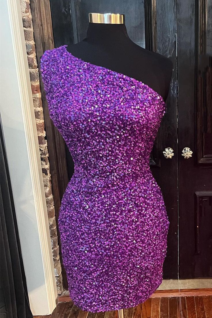 One Shoulder Purple Sequin Bodycon Mini Dress Short Prom Dress fg3657