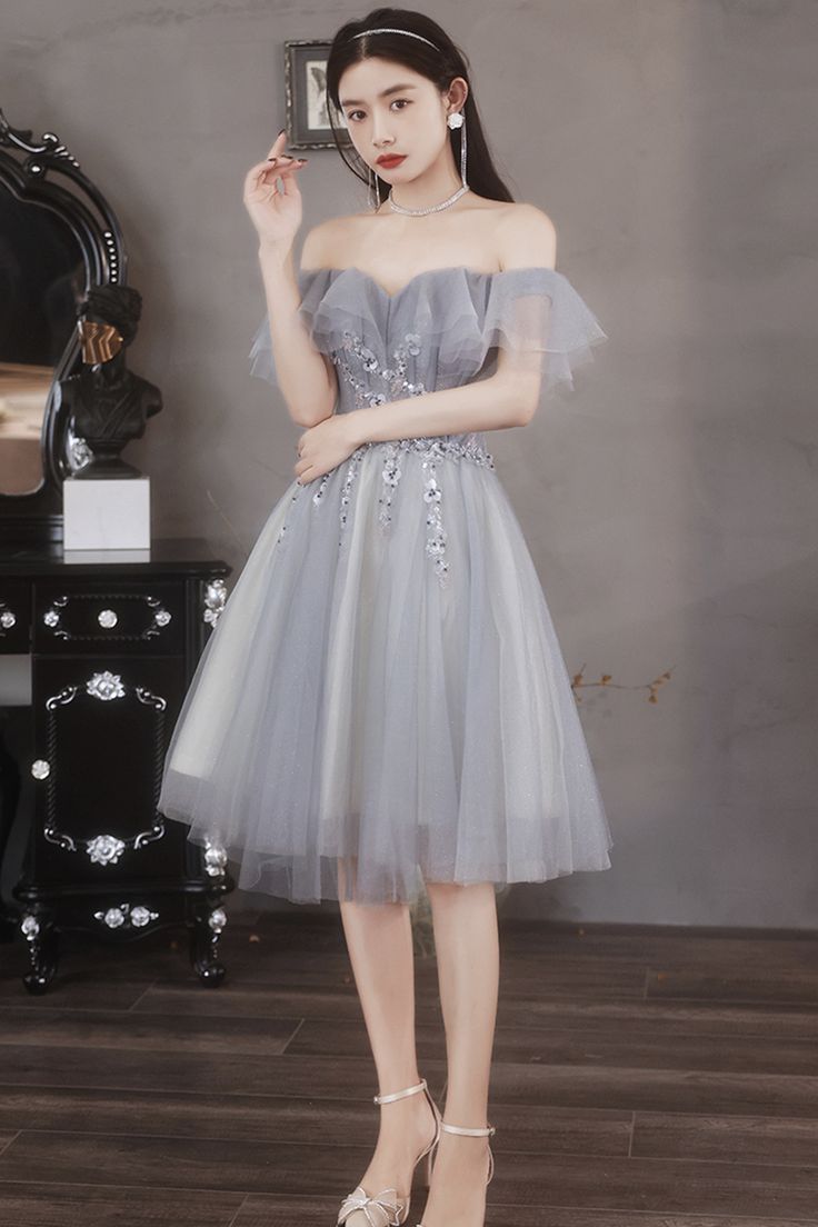 Gray tulle beads short prom dress party dress fg3825