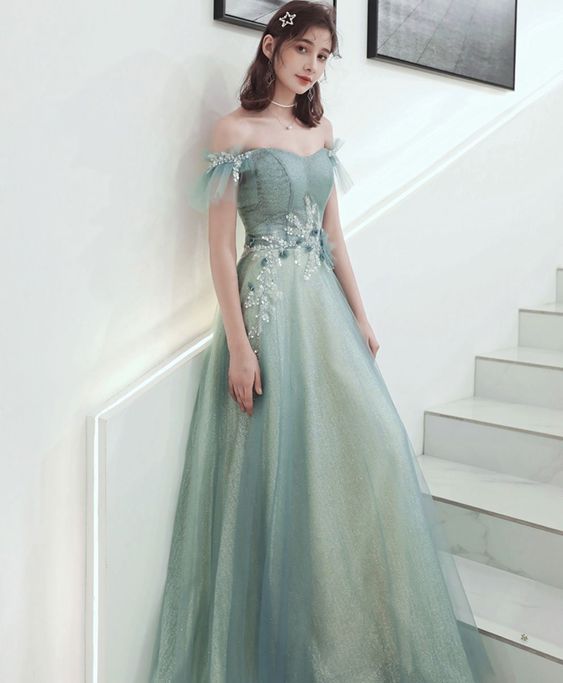 Green Tulle Lace Long Prom Dress, Green Tulle Formal Dress fg4189