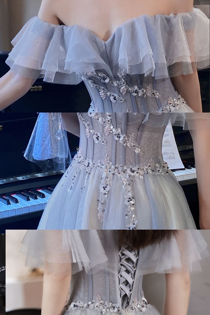 Gray tulle beads short prom dress party dress fg3825
