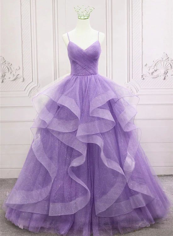Gorgeous Purple Straps Layers Tulle V-neckline Long Evening Dress, Light Purple Prom Dresses fg4168