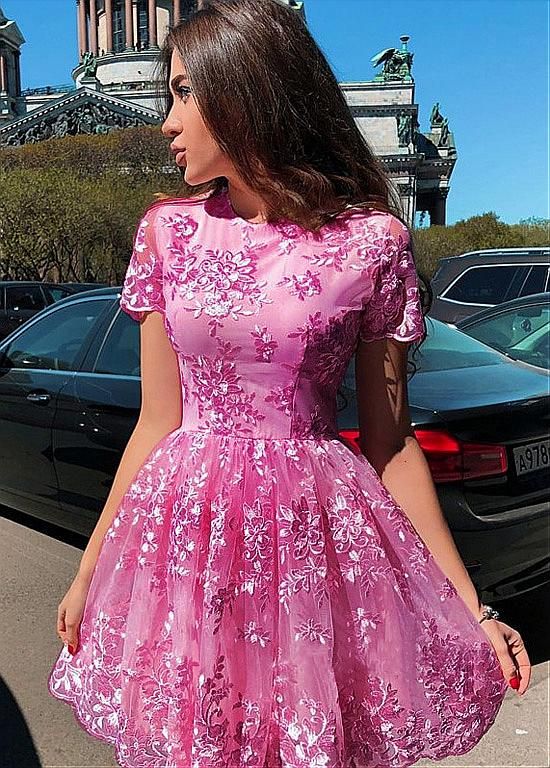 Lace Appliques Tulle Jewel Short A-line Homecoming Dress fg3738