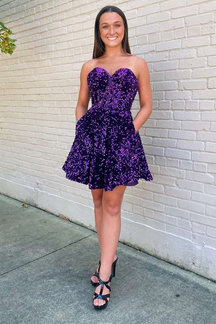 Purple Sequin Sweetheart A-Line Short Homecoming Dress with Pockets fg3614