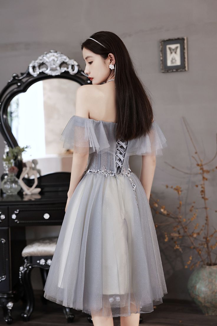 Gray tulle beads short prom dress party dress fg3825