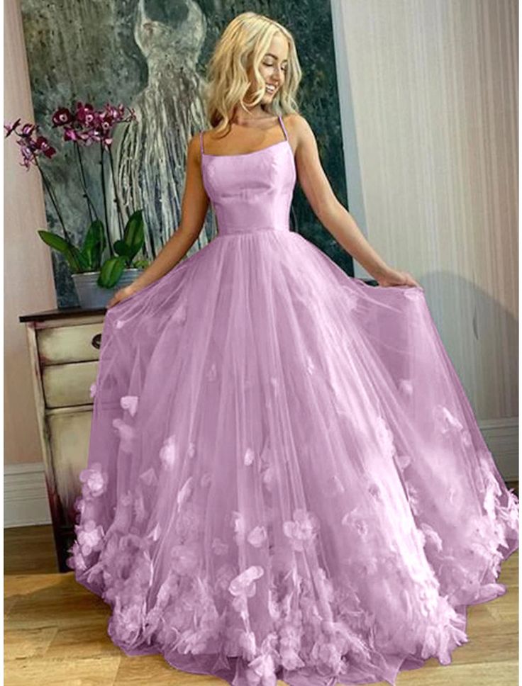 A-Line Prom Dresses Floral Dress Performance Sweet 16 Floor Length Sleeveless Spaghetti Strap Tulle with Pleats Appliques fg4062