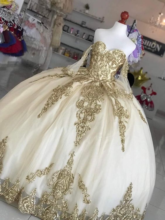 Gold Lace Off The Shoulder Long Prom Dress Ball Gown fg3770