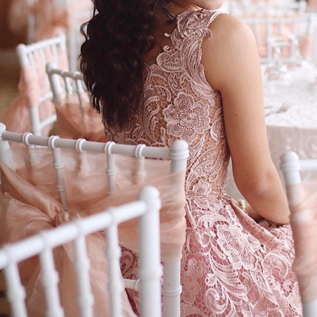A-Line Pink Lace Tea Length Sleeveless Homecoming Dress fg3563