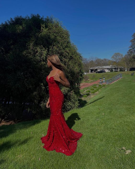 Elegant Red Sequin Evening Dresses Long Prom Dress fg4202
