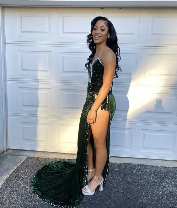 Green Velvet Prom Dresses African Mermaid Evening Dress With Slit fg4128