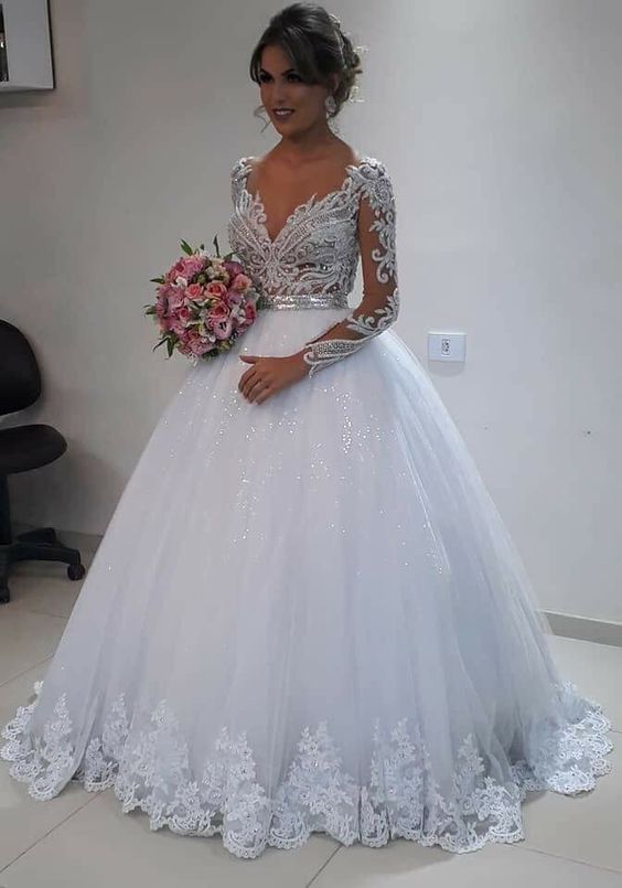 White lace tulle long prom dress, white lace tulle wedding dress fg3860