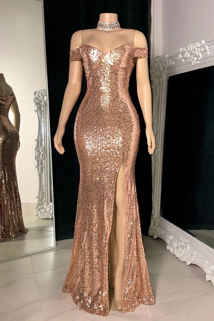 Gorgeous Long Mermaid Off-the-shoulder Sequined Split Prom Dress fg4053