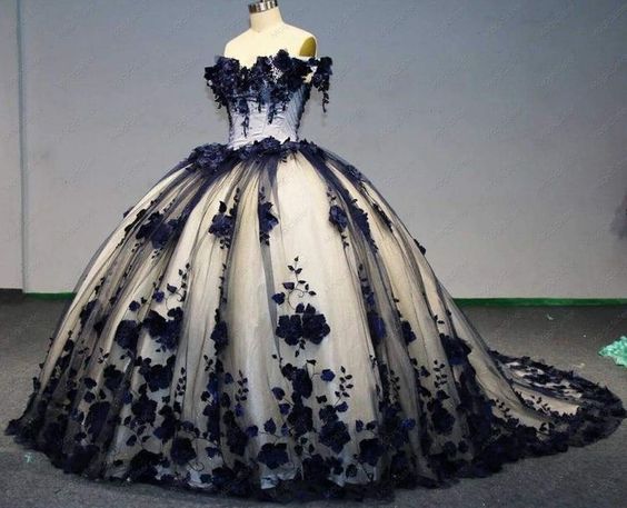 New 3D Flowers Lace Quicneanera Dress Black Off The Shoulder Dark Navy Sweet 16 Party Dress fg4110