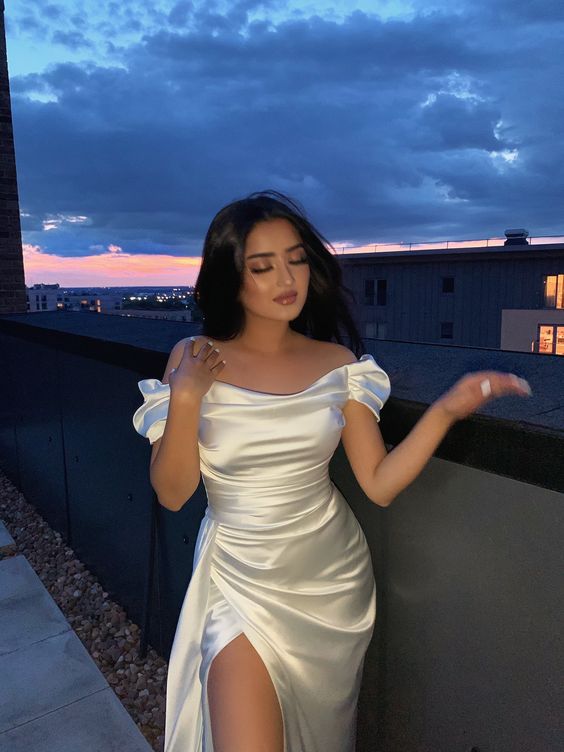 Off The Shoulder White Satin Long Evening Dress,White Evening Gown fg4046