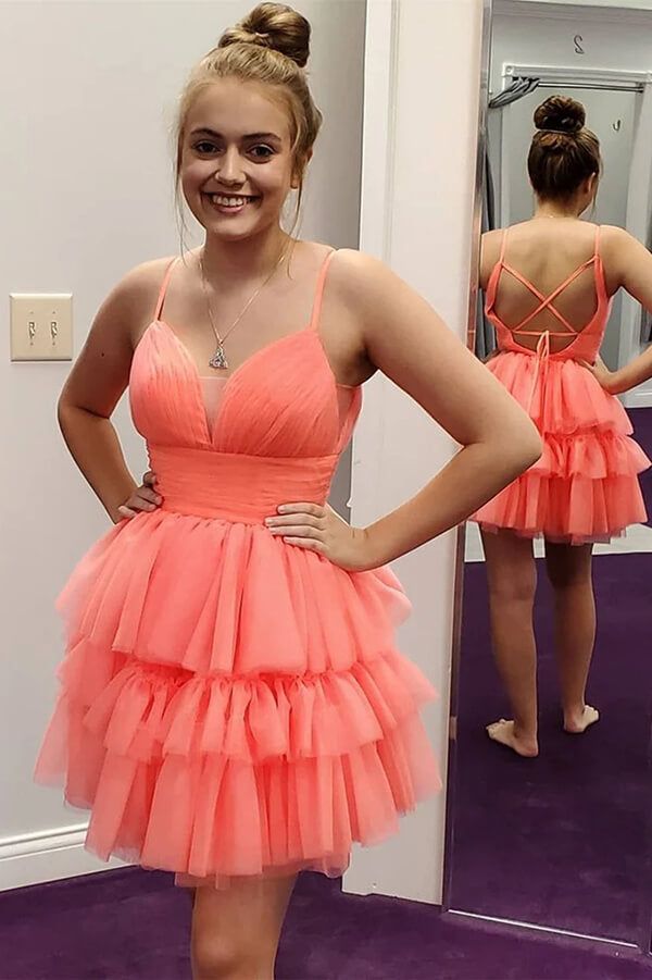 Coral A-line Soft Tulle Backless Homecoming Dresses, Short Prom Dresses fg3417