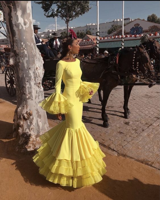 Yellow Women Mermaid Prom Dresses Spanish Ruffles Tiered Long Sleeves Evening Gowns Ceremony Formal Party Wear fg3918