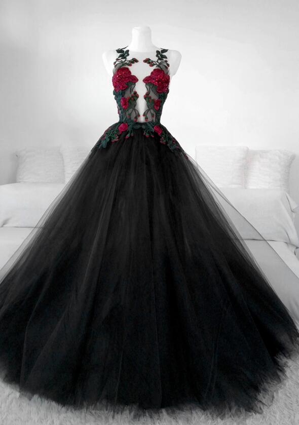 Beautiful Black Tulle With Lace Applique Long Formal Gown, Black Party Dresses fg4175