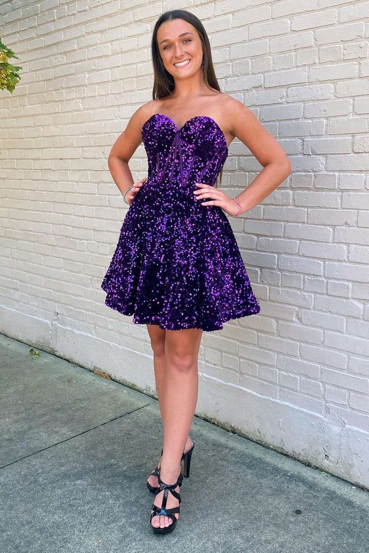 Purple Sequin Sweetheart A-Line Short Homecoming Dress with Pockets fg3614