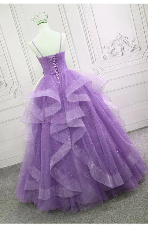 Gorgeous Purple Straps Layers Tulle V-neckline Long Evening Dress, Light Purple Prom Dresses fg4168