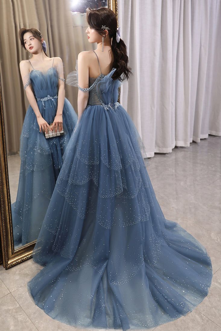 Blue Gorgeous Spaghetti Straps Tiered Tulle Prom Dress, Sparkly Dress With Beading fg4000