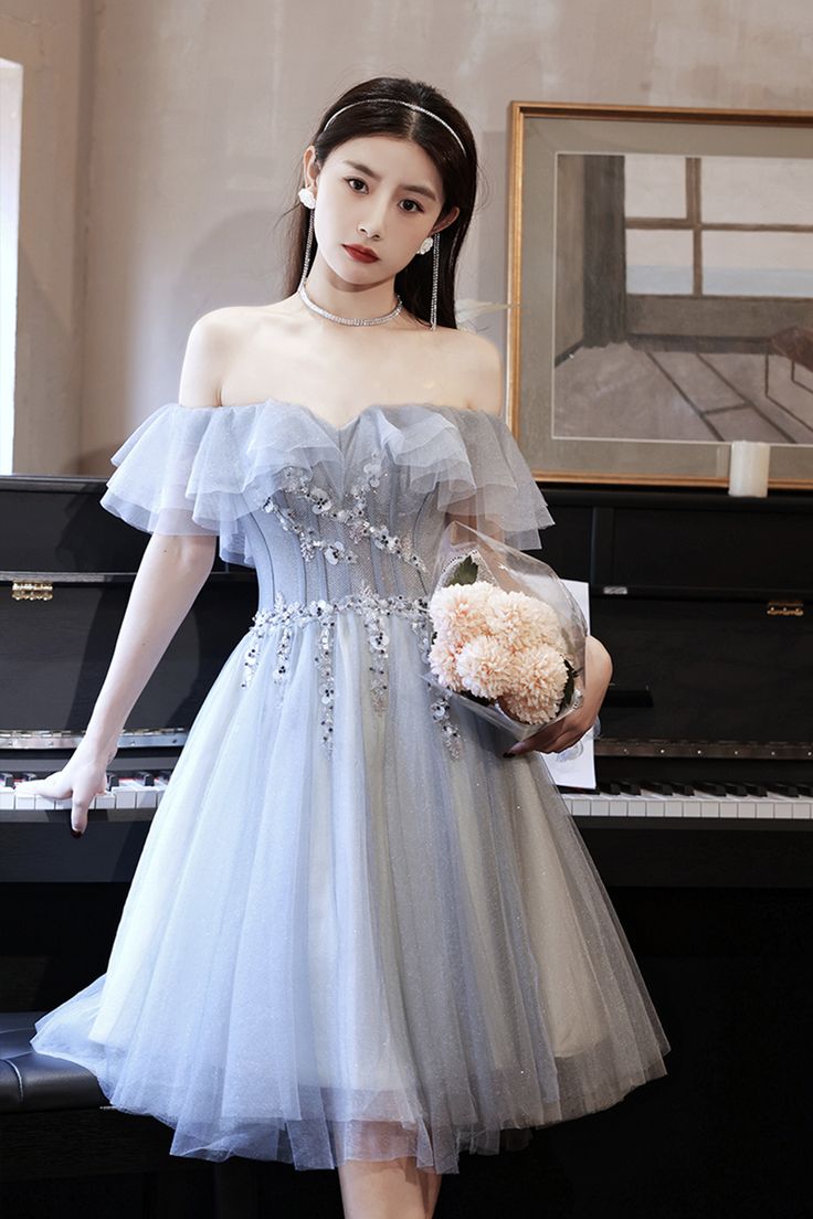 Gray tulle beads short prom dress party dress fg3825