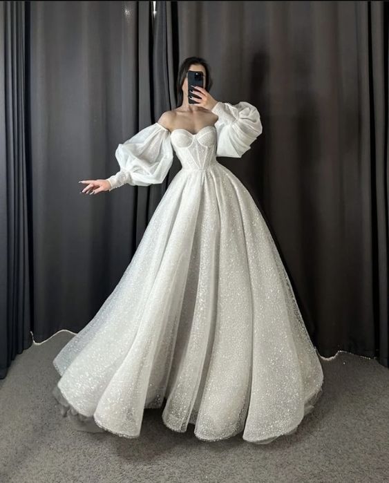 Glitter Tulle Wedding Dress, Favorite Puff Sleeve Ball Gown fg3946