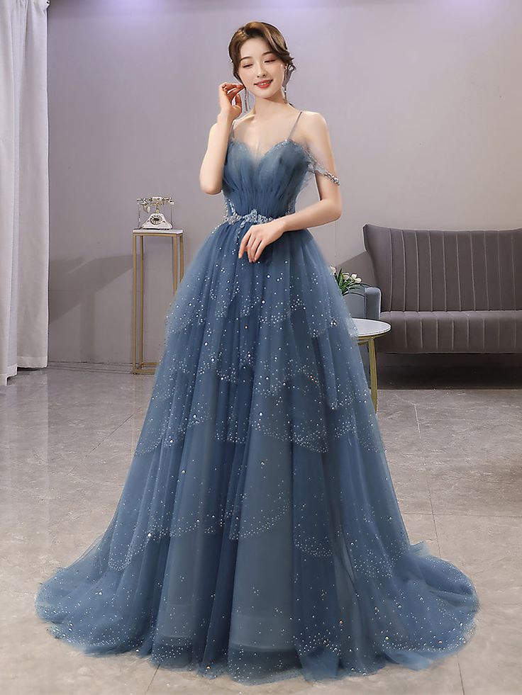 Blue Gorgeous Spaghetti Straps Tiered Tulle Prom Dress, Sparkly Dress With Beading fg4000
