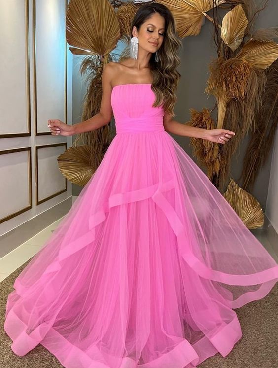 Tulle Layers Long Evening Dresses Strapless Maxi Prom Gown Floor Length Party Gowns fg3898