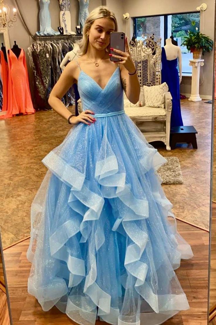 Blue Tulle Multi-Tiered A-Line Prom Gown fg4144