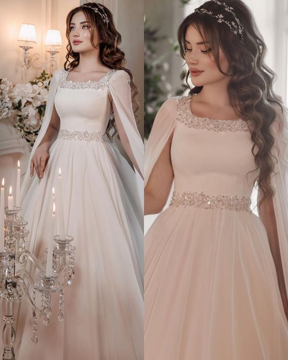 Boho Square Neck Wedding Dress with Sparkling Stone Crystals Cape Features Chiffon Sleeves Formal Event Gown fg3941