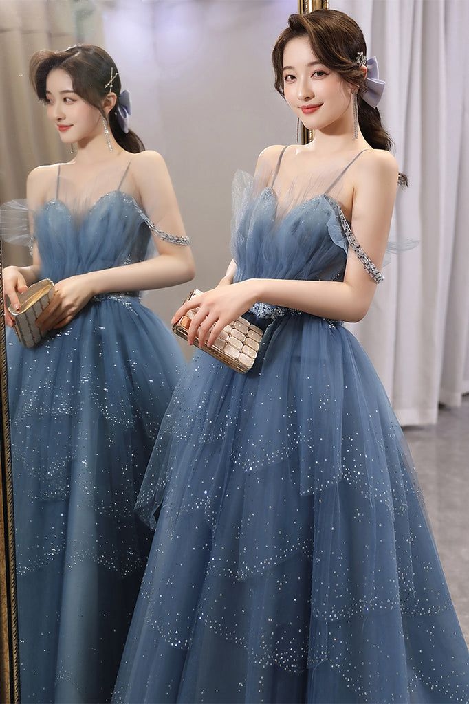 Blue Gorgeous Spaghetti Straps Tiered Tulle Prom Dress, Sparkly Dress With Beading fg4000