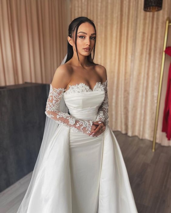 Mermaid Wedding Dresses With Detachable Skirt Sweetheart Long Sleeves Beaded With Pearls Wedding Dress fg4119