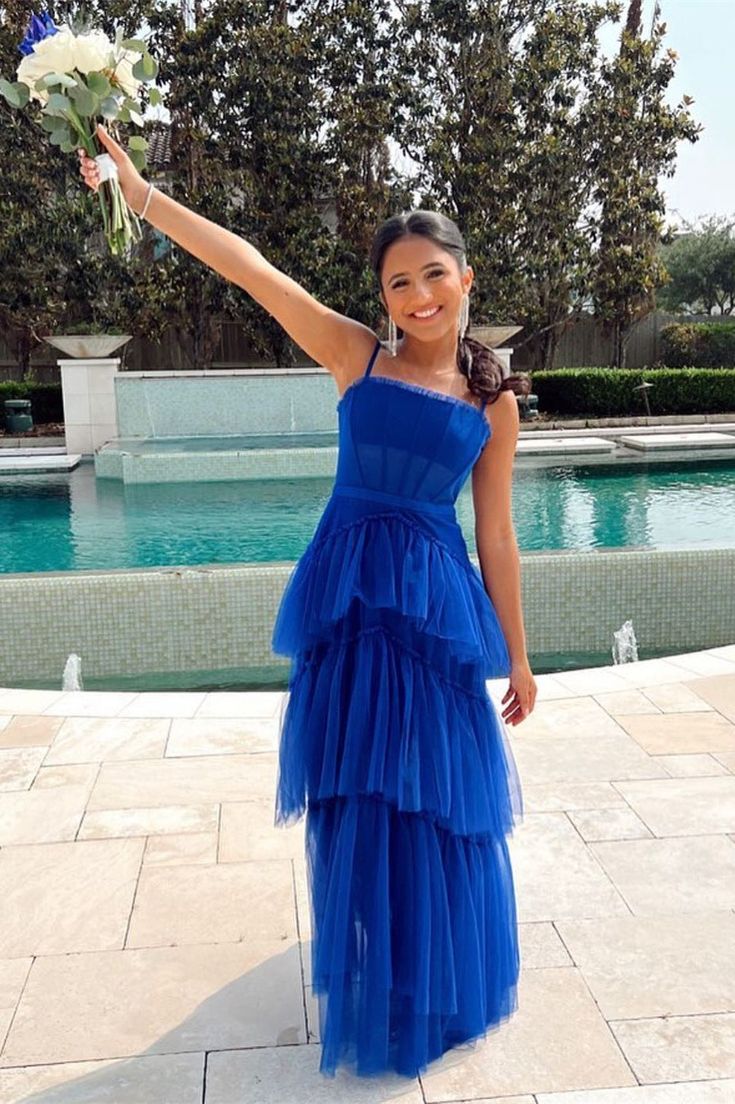 Princess Royal Blue Tiered Tulle Prom Dress Formal Dress fg3403