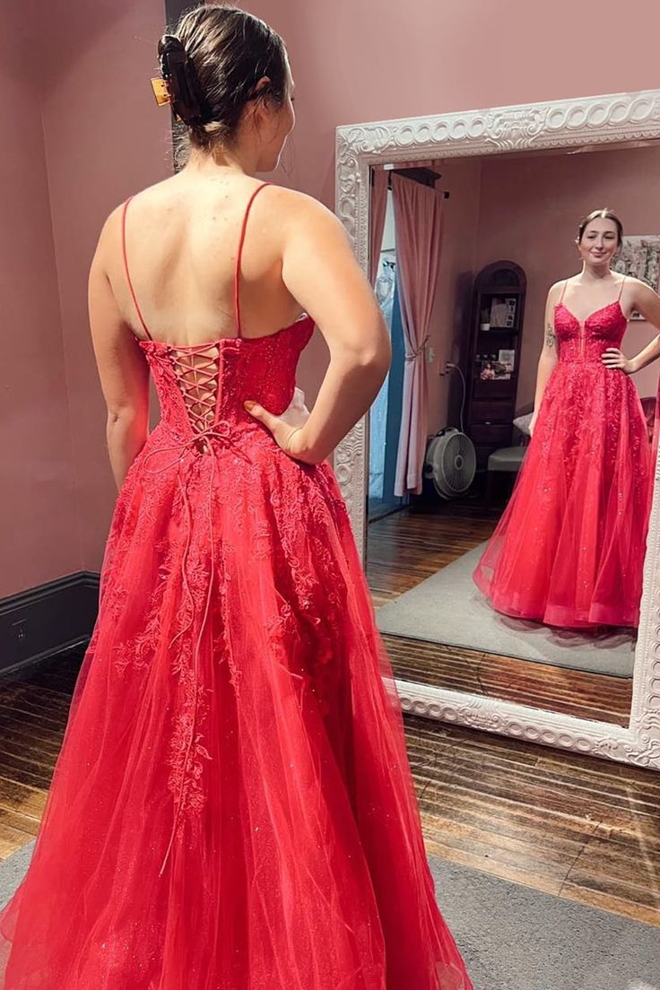 Red A-Line Corset Lace Long Prom Dress fg3840