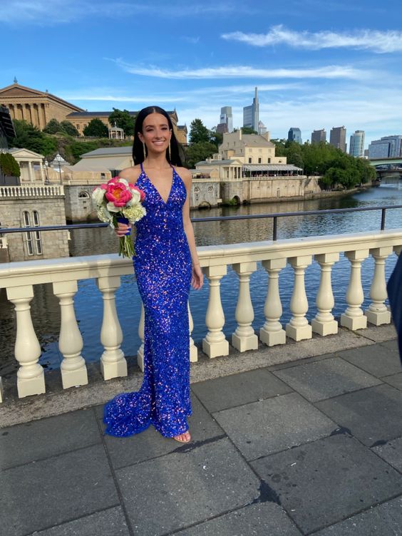 Royal Blue Sequin Mermaid Prom Dresses Evening Party Formal Gowns fg3776