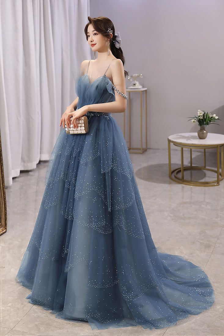 Blue Gorgeous Spaghetti Straps Tiered Tulle Prom Dress, Sparkly Dress With Beading fg4000