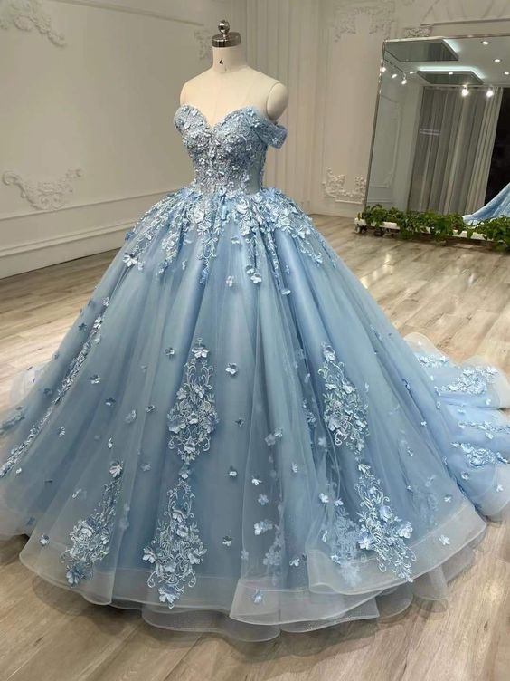 Blue Tulle Lace Long Prom Dresses, Ball Gown Blue Sweet 16 Dresses fg3407