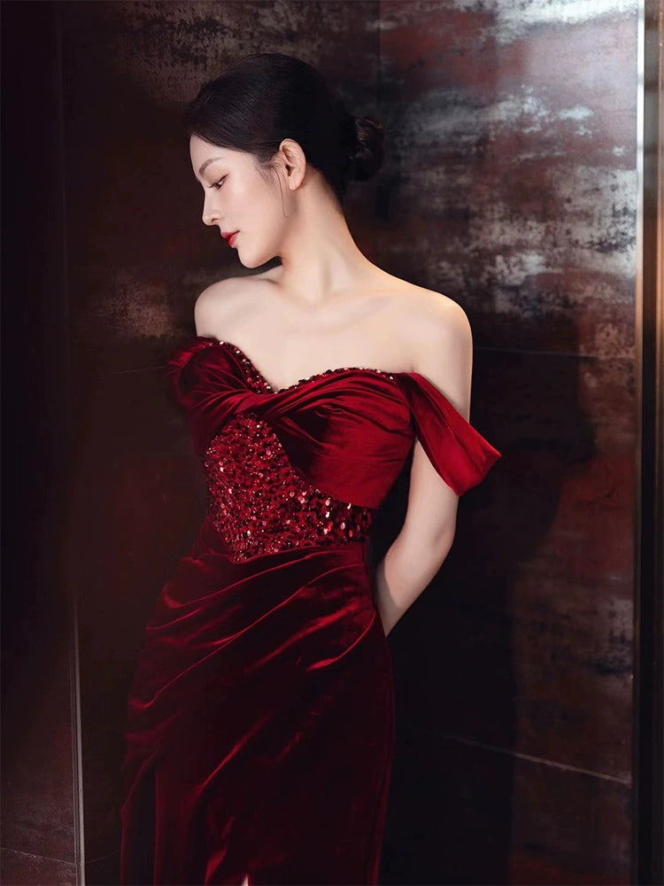 Burgundy Velvet Mermaid Long Prom Dress Off Shoulder Evening Dresses With Slit fg7669