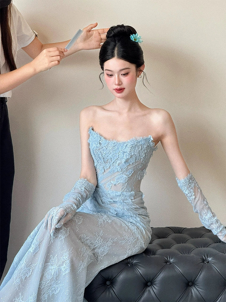 Blue Lace Mermaid Long Prom Dress Sexy Evening Dresses fg7665