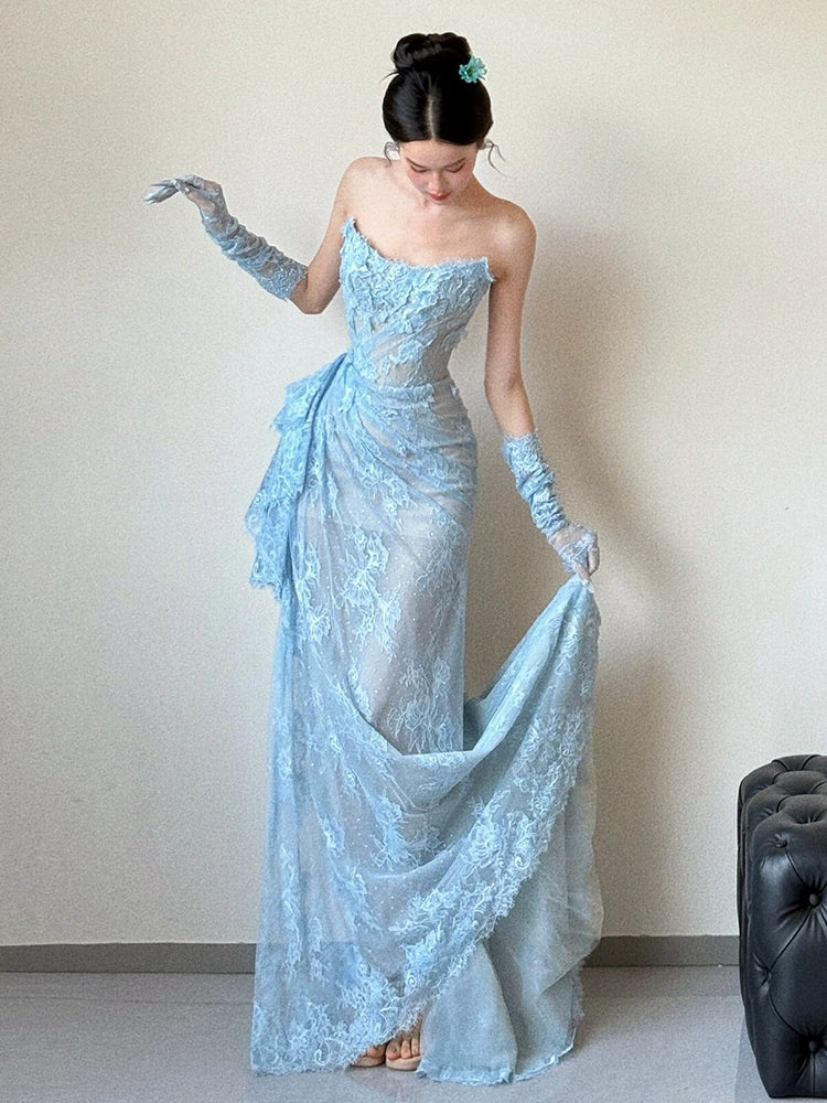 Blue Lace Mermaid Long Prom Dress Sexy Evening Dresses fg7665