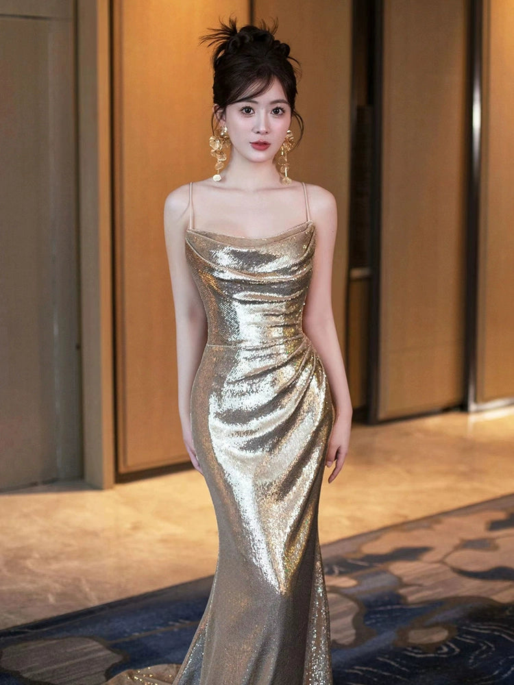Gold Sequin Mermaid Long Prom Dress Sexy Evening Dresses fg7667