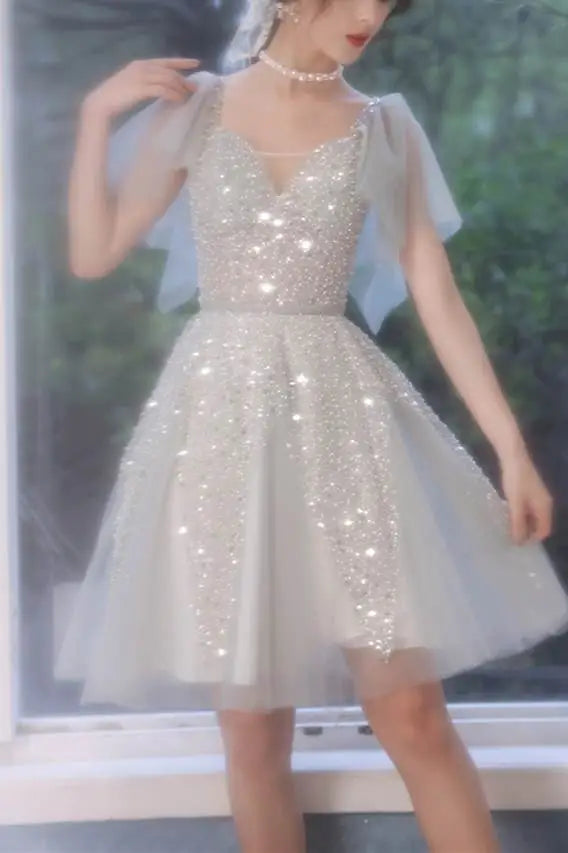 A-line Short Silver Homecoming Dress with Flutter Sleeves fg3735